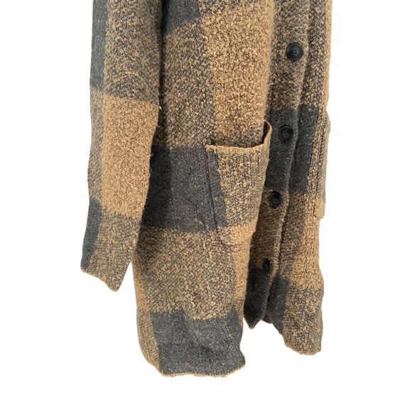 Mystree Plaid Longline Cardigan Sweater Brown Grey Button Front Pockets Women L - Picture 6 of 6